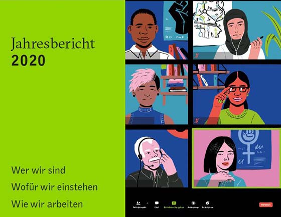 Lektorat für die Broschüre: Heinrich-Böll-Stiftung Jahresbericht 2020. Wer wir sind. Wofür wir einstehen. Wie wir arbeiten. Grafische Collage mit vielen Gesichtern wie in Videokonferenz